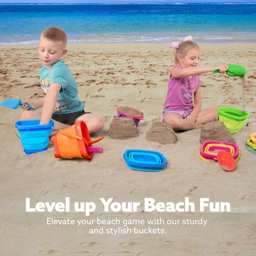 Vista 7 de Sloosh Paquete de 3 juguetes plegables de arena, cubo cuadrado plegable de silicona para playa con 3 palas para jugar en caja de arena, fiesta
