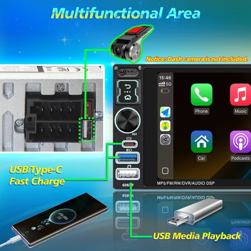 Vista 5 de Estéreo de coche de un solo DIN con Apple Carplay inalámbrico y Android Auto, radio IPS de 6.9 pulgadas con pantalla táctil Bluetooth 5.2, control