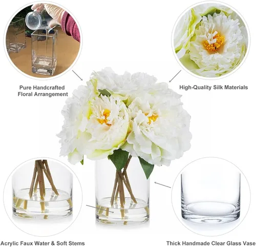 Vista 3 de ENOVA FLORAL Flores de seda de peonías en jarrón, flores falsas con agua sintética en jarrón de vidrio para decoración de mesa de comedor, centros