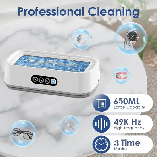 Vista 2 de Limpiador de joyas Máquina ultrasónica con 3 modos de temporizador digital, máquina de limpieza ultrasónica de 49 KHz con 22 onzas (22.0 fl oz)