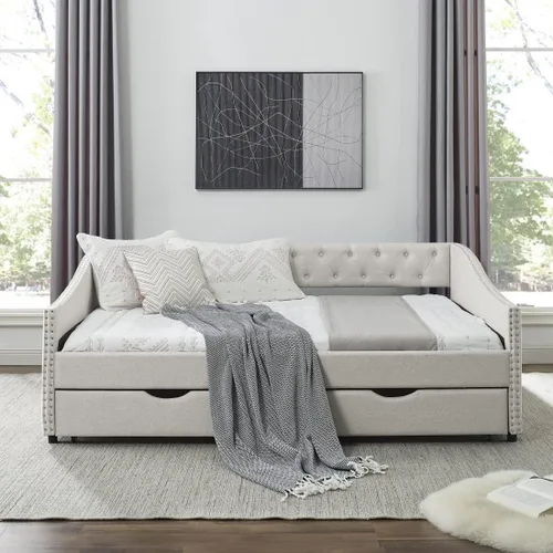 Vista 4 de Sofá cama tapizado de tamaño matrimonial con 2 cajones de almacenamiento, sofá cama con botones y brazos para uñas, color beige Completamente beige