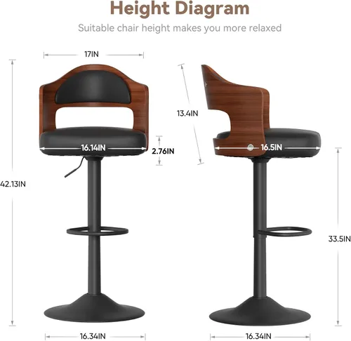 Vista 2 de Juego de 2 taburetes de bar giratorios, taburetes de bar de madera tapizados en cuero PU con respaldo y reposapiés, asiento de altura ajustable