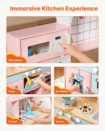 Vista 4 de VEVOR Cocina de Juguete de Madera, Cocina de Juego para Niños con Luces y Sonidos, Cocina Infantil con Máquina de Hielo, Horno, Fregadero