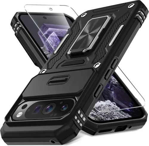 Vista 30 de DEERLAMN Funda para Google Pixel 8 con cubierta deslizante para cámara + protector de pantalla (1 paquete), soporte de anillo giratorio grado