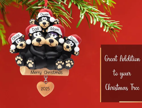 Vista 4 de Adorno de Navidad personalizado de familia de 5 con corazón de oso negro 2026 Padres e hijos personalizados para el árbol de Navidad Recuerdo
