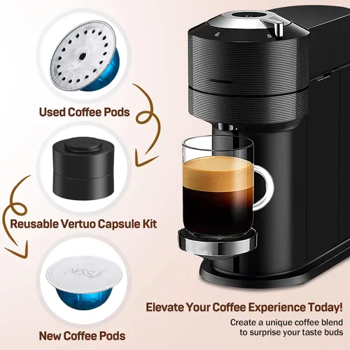 Vista 6 de Kit Reutilizable Nessus para Cápsulas Nespresso Vertuo, Reutiliza Cápsulas de Café Antiguas para Nespresso Vertuo: 100 Piezas de Tapa de Aluminio