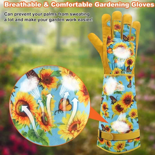 Vista 4 de DLY Guantes de jardinería para mujeres, guantes para rosas resistentes a espinas, guantes largos de jardín para mujeres, guantelete de cuero vacuno