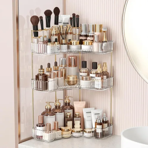 Vista 11 de BEFSOP Organizador de esquina para mostrador de baño, organizador de maquillaje mejorado de 2 niveles con soporte para brochas de maquillaje