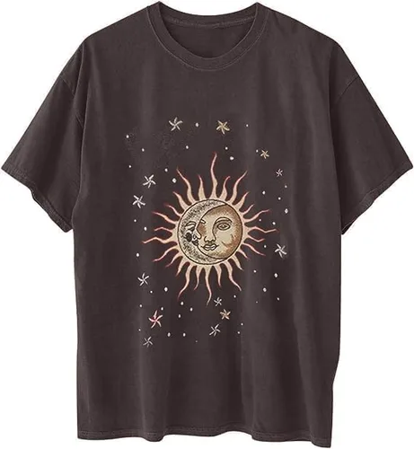 Vista 4 de Remidoo - Camiseta informal de gran tamaño para mujer, de manga corta, con estampado de letras, sol y luna