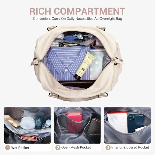 Vista 6 de LOVEVOOK Bolsa de fin de semana para mujer, bonita bolsa de viaje para gimnasio, bolsa de viaje con bolsa de artículos de tocador, bolsa