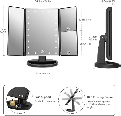 Vista 4 de WEILY Espejo de maquillaje con 21 luces LED, dos modos de fuente de alimentación, pantalla táctil ajustable y espejo de tocador de tres pliegues