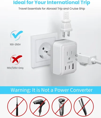 Vista 6 de VINTAR - Kit de adaptador de viaje universal, adaptador de enchufe internacional con 3 puertos USB (2 USB C, 3.4 A) y 2 salidas americanas, tipo A