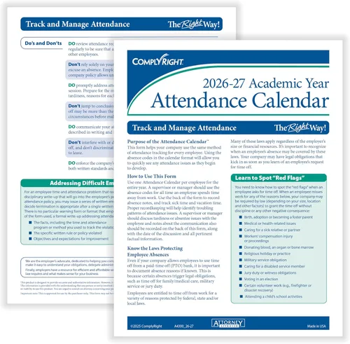 Vista 5 de ComplyRight Calendario de asistencia académica 2025-2026, paquete de 50