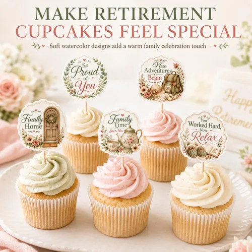 Vista 4 de 36 piezas de decoraciones familiares para cupcakes de jubilación Verde