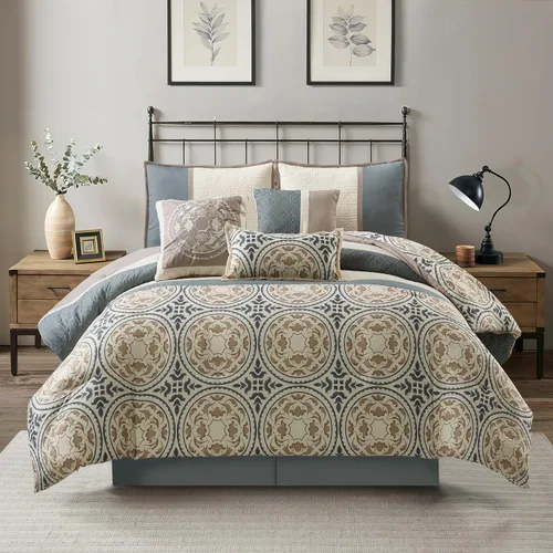 Vista 8 de Grand Avenue Juego de edredón azul King, ropa de cama con estampado de microfibra, geométrico, patchwork de 7 piezas, edredones, fundas de almohada