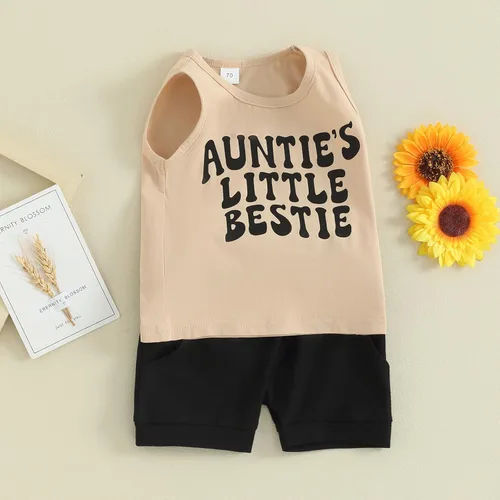 Vista 58 de Ropa de bebé niño sin mangas + pantalones cortos con estampado a rayas con bolsillos, 2 piezas de trajes de verano