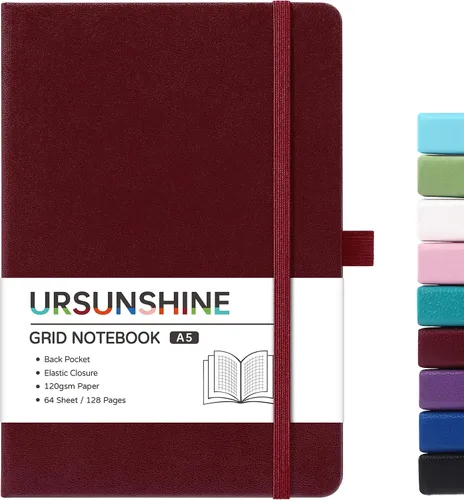 Vista 63 de Cuaderno punteado, diario, 5.3 x 8.26 pulgadas, tapa dura, prémium, papel grueso, doble espiral, bandas, cuero negro sintético, lazo para bolígrafo