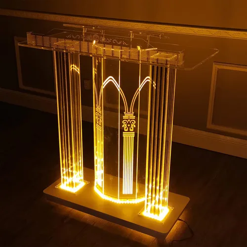 Vista 3 de Púlpito de la iglesia, podio de oro acrílico con rodillos con luces LED, plataforma de lectura vertical, entrada, embajadas, colegios y conferencias