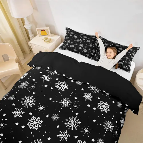 Vista 5 de Juego de funda de edredón de Navidad, copos de nieve para niños y niñas, funda de edredón en blanco y negro, tamaño individual, funda de edredón