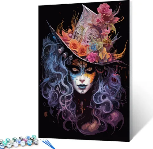 Vista 11 de Pintura por números retrato de niña con sombrero de mago Tucocoo, pintura DIY en lienzo con pinceles, pinturas acrílicas, calabaza de Halloween