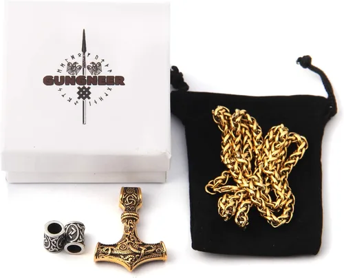 Vista 6 de Gungneer Thor Hammer Pendant Mjolnir Necklace 18K Gold Plated Stainless Steel Norse Viking Jewelry for Men Women