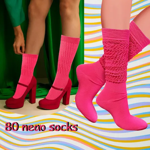 Vista 3 de Calcetines de neón para mujer, calcetines de neón de los años 80, calentadores de piernas para mujer, calcetines largos y fruncidos hasta