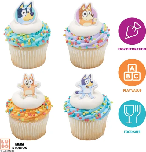 Vista 12 de DecoPac Bluey So Much Fun Anillos, 24 decoraciones para cupcakes con Bluey, Bingo, Bandit y Chilli, 3D seguros para alimentos, paquete de 24
