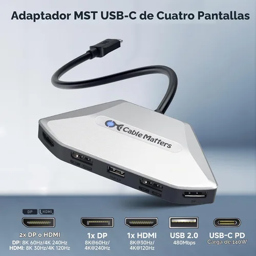 Vista 2 de Cable Matters Adaptador USB C MST de pantalla cuádruple 4K, HDMI/DP