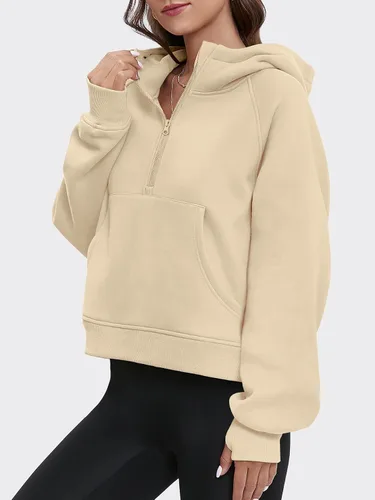 Vista 4 de ATHMILE Sudaderas cortas con capucha para mujer, media cremallera, forro polar, ropa de invierno, con cremallera de un cuarto