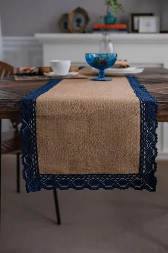 Vista 5 de Camino de mesa de yute natural rústico para mesa de comedor de granja con dobladillo de encaje para boda, fiesta, camino de mesa lavable, camino