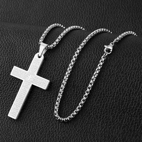 Vista 6 de HZMAN Stainless Steel Mens Womens Cross Necklace Lords Prayer Pendant 4 Colors Available