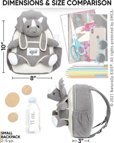 Vista 6 de Naturally KIDS Mochila para niños pequeños, Pequeño de 10 "h Triceratops Grey, 10.0 in H Small