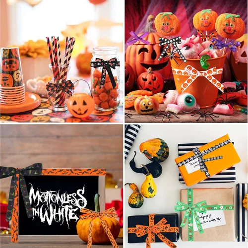 Vista 5 de SANNIX 18 rollos de cinta de Halloween de 90 yardas, cintas de grogrén impresas de 3/8 pulgadas de ancho, tela de manualidades para decoración