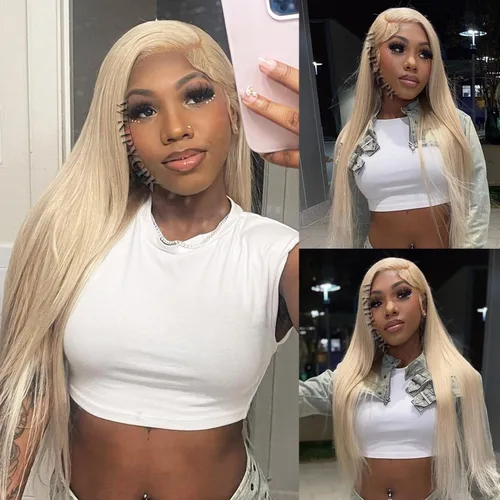 Vista 5 de Peluca con encaje frontal rubia ceniza, de 22 pulgadas de largo cabello sintético lacio, línea capilar prerasgueada, fácil de instalar, ligera