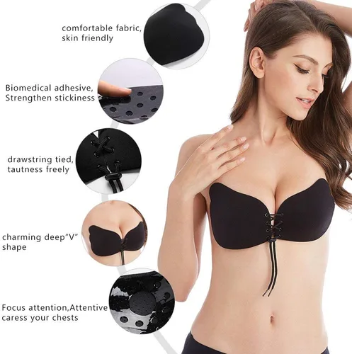 Vista 5 de Sujetador adhesivo sin tirantes sin espalda, brasier invisible de silicona para mujer, paquete de 2 unidades, Piel azul oscuro, 32A