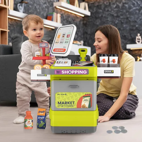 Vista 6 de deAO Juego de caja registradora para niños, 48 piezas de supermercado, juego de simulación de caja registradora con escáner, juego de alimentos