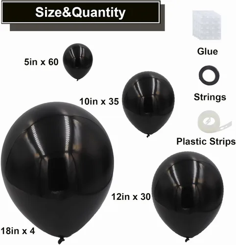 Vista 2 de Kit de arco de globos negros, 129 piezas de diferentes tamaños 18, 12, 10, 5 pulgadas, kit de guirnalda de globos negros para graduación, Halloween