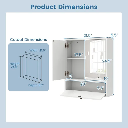Vista 2 de Giantex Armario de baño montado en la pared con espejo organizador de almacenamiento con estante de almacenamiento extraíble, botiquín, blanco