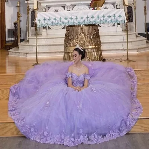 Vista 6 de XYAYE Vestidos de quinceañera con cuentas de encaje y hombros descubiertos para mujer, vestido de baile hinchado con flores 3D, vestidos dulces 15
