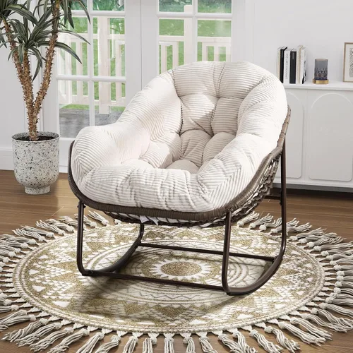 Vista 15 de Mecedora para patio al aire libre, silla mecedora de huevos de ratán para interiores, cómoda silla Papasan de gran tamaño con cojín más grueso