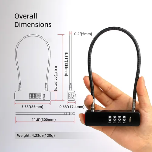 Vista 3 de Candado de cable con código, cerradura de combinación de 4 dígitos para puerta de valla al aire libre, equipaje de viaje, candado combinado
