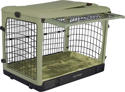Vista 6 de Pet Gear "The Other Door" - Caja de acero de 4 puertas para perros/gatos con puerta estilo garaje, incluye cama de felpa + bolsa de viaje,