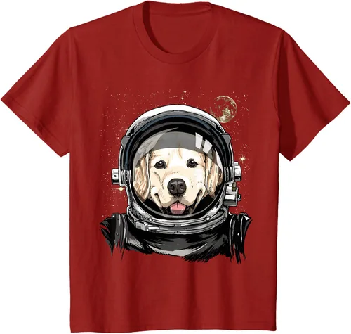 Vista 47 de Camiseta para amantes de los perros de los astronautas del espacio exterior Golden Retriever Lover, Negro