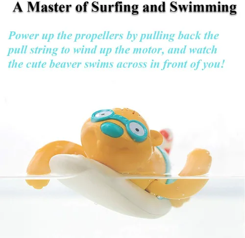 Vista 3 de Pull String - Juguete de baño para bebé, lindo castor de surf, natación, cuerda mecánica, juguete de bañera para niños pequeños (beige)