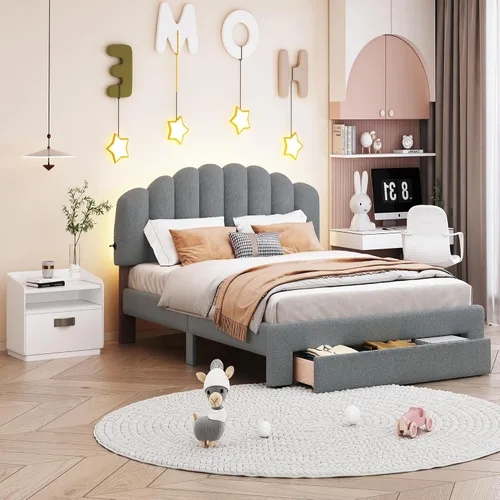 Vista 9 de Cama de plataforma tapizada tamaño Queen con un cajón de almacenamiento, base de cama LED inteligente multifuncional con cabecera de forro polar
