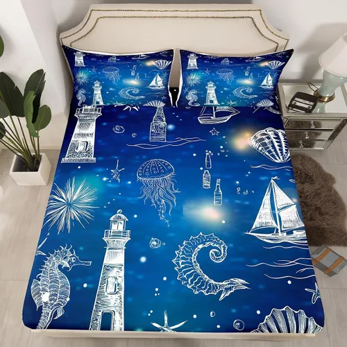 Vista 25 de Sábana bajera ajustable de tamaño individual para niños, diseño de animales marinos náuticos, juego de ropa de cama coral bajo el mar, juego de ropa