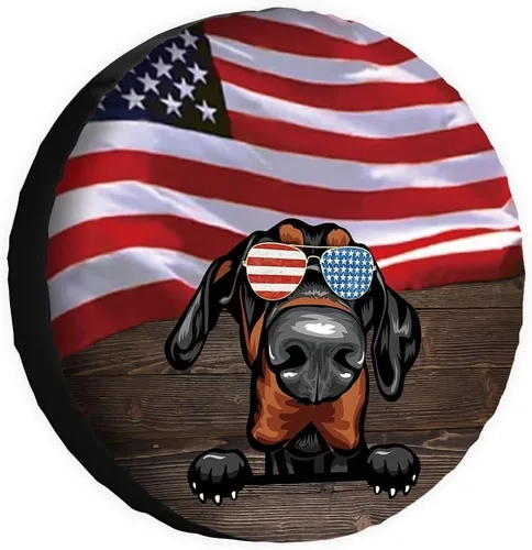 Vista 10 de Cubierta de neumático de repuesto para perro salchicha con gafas de sol con bandera de Estados Unidos, fundas protectoras de ruedas a prueba
