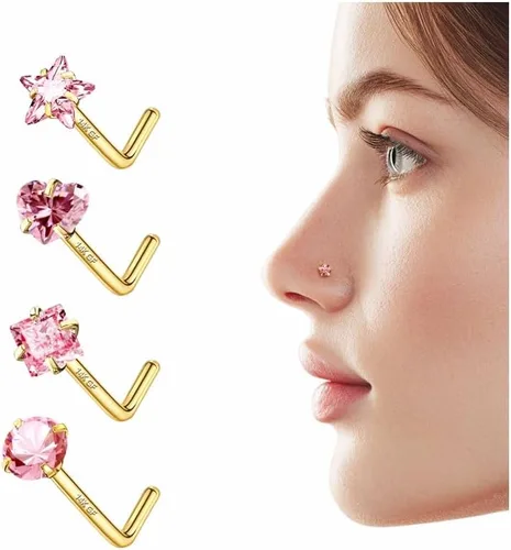 Vista 11 de 4 piezas de anillos de nariz de 20G bañados en oro de 14K para mujeres y hombres, anillos de nariz en forma de L, joyería hipoalergénica