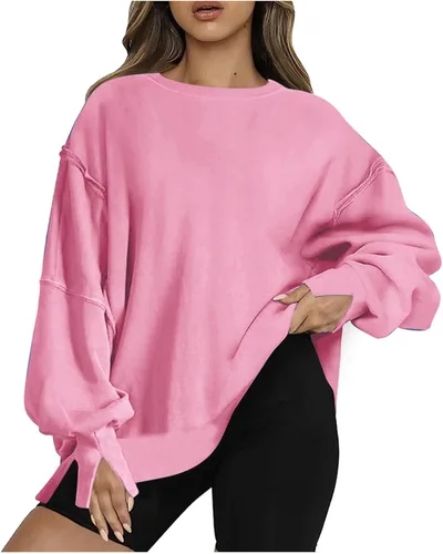 Vista 7 de KICILVS Sudadera de gran tamaño para mujer, cuello redondo, manga larga, casual, con abertura, holgada, ropa de otoño 2023 a la moda