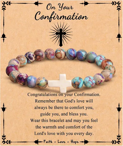 Vista 17 de JoycuFF Regalos Cristianos, Pulseras de Cruz para Mujeres, Joyería Cristiana Católica Religiosa de Fe de Pascua, Pulseras de Piedra Natural